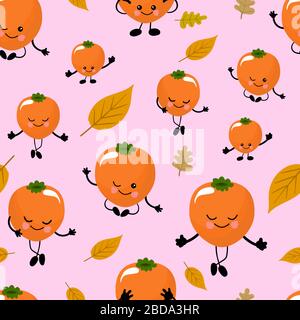 SEAMLESS pattern exotic fruits persimmons, funny cute faces character. Kitchen textile or wrapping paper. Stock Vector