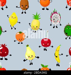 SEAMLESS fruit pattern apple, pear, persimmon, pitaya and durian. Orange and banana. Funny cute faces character.. Stock Vector