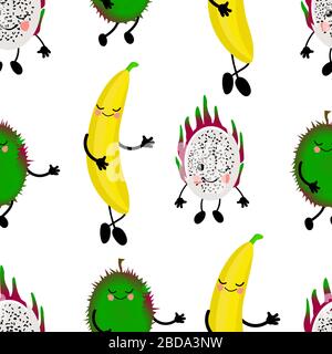 SEAMLESS pattern exotic fruits banana durian fruits cherry red Funny cute faces character. Kitchen textile or wrapping paper. Stock Vector