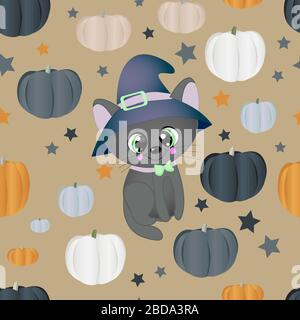 Halloween seamless pattern. Black background. Different color pumpkins and a cute cat in a hat Stock Vector