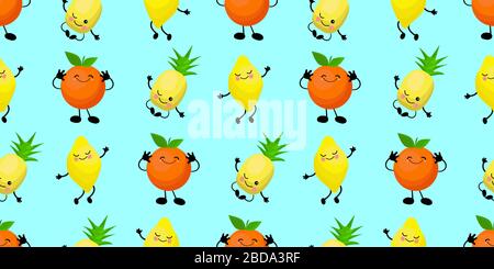 SEAMLESS pattern exotic fruits banana, orange, pineapple durian fruit cherry red Funny cute faces character. Kitchen textile or wrapping paper. Stock Vector