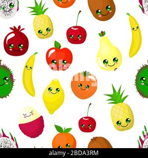 SEAMLESS fruit pattern apple, pear, persimmon, pitaya and durian. Orange and banana. Funny cute faces character.. Stock Vector