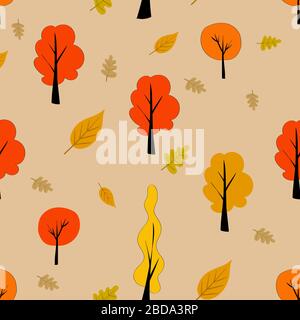 Autumn seamless pattern with yellow and orange trees and leaves. Light beige background. Scandinavian style pattern.. Stock Vector