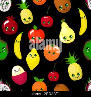 RGBFruit seamless pattern on a black background. Pear, apple and orange. Banana, lemon, persimmon and cherry. Cute characters with faces and a smile.. Stock Vector