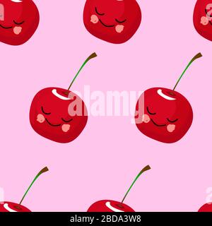 SEAMLESS fruit pattern cherry red Funny cute faces character. Kitchen textile or wrapping paper Stock Vector