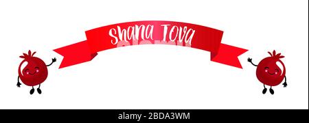 Banner or red ribbon with greeting text for jewish holiday shana tova. Pomegranate fruit. Symbol of fertility. White background. Translation: Shana Stock Vector
