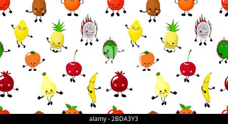 SEAMLESS fruit pattern apple, pear, persimmon, pitaya and durian. Orange and banana. Funny cute faces character.. Stock Vector