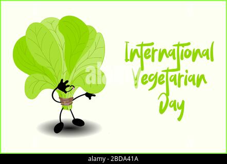 Salad or spinach. Cartoon cute characters with hands and faces on a white background. Greeting card for vegan day and vegetarian day.. Stock Vector