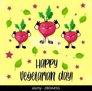 Postcard to the day of vegetarianism. Vegan Day. Healthy food. Radish. Stock Vector