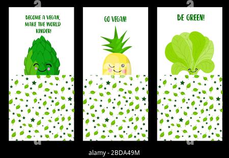 A set of cards for international vegan and vegetarian day. Pineapple, Spinach and Artichoke. Characters Friends. Healthy food. Healthy Food Day.. Stock Vector