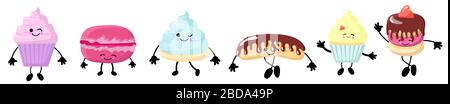 Set of sweets characters. Desserts and pastries. Cupcake, muffin, macaroons and pastries. Eclair with chocolate icing. Funny kawaii characters on Stock Vector