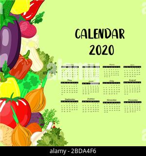 Calendar 2020. Fresh vegetables. Vegetarianism. weekly schedule for children.. Stock Vector