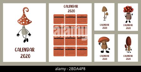 pocket calendar 2020. Children's style. Forest mushrooms. Autumn harvest. White background. Different covers. Week starts from Sunday. Stock Vector