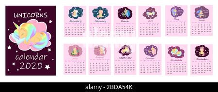 Pocket Calendar 2020 Children S Style For Girls Unicorns White Background Different Covers Week Starts From Sunday Stock Vector Image Art Alamy