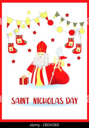 flat illustration of Sinterklaas with copy Greeting card in cartoon style with a traditional Dutch shoe filled with gifts and sweets. St. Nicolas day Stock Vector
