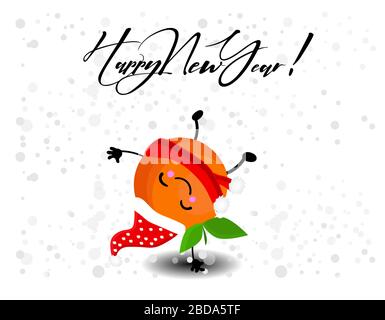 New Year's card. Fruit orange in a rat costume. Cartoon character. Snow on a blue background. Children's illustration. Stock Vector