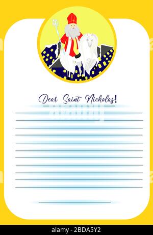 Dear Saint Nicholas Letter template for ordering gifts and wishes. Kids design. Stock Vector