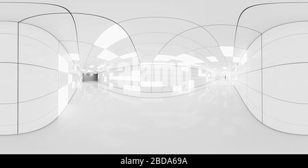Full 360 degree equirectangular panorama hdri of modern futuristic white hallway interior 3d render illustration Stock Photo