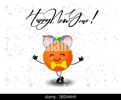 New Year's card. Fruit orange in a rat costume. Cartoon character. Snow on a blue background. Children's illustration. Stock Vector