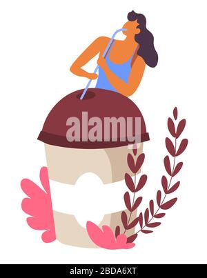 Female character drinking coffee from takeaway, woman with cup Stock Vector