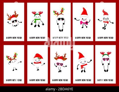 Big Set of cartoon New Year characters. in a Christmas hat. Reindeer horns. Christmas card. White background. 2020. Stock Vector