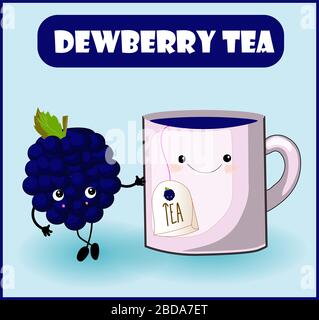 tea from dewberry. Cup character, mooseberry cheerful berry with face, eyes and smile. Healthy food. Vitamins and minerals autumn. Stock Vector