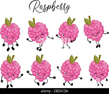 Funny cartoon berries. Raspberry character. Set of poses. Stock Vector