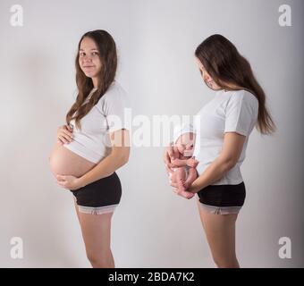 Pregnant woman and the same woman with baby Stock Photo