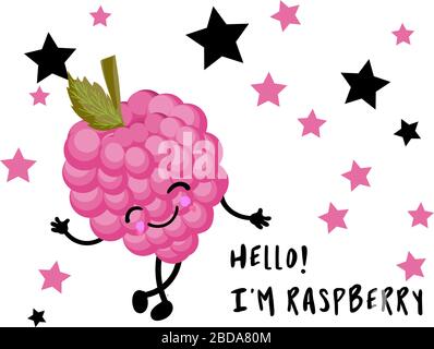 Hi, I'm raspberry. Greeting card with berries for children. Cartoon kawaii character. Stock Vector