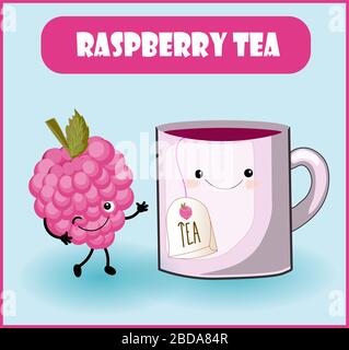 raspberry tea. Cup character, a funny berry with a face, eyes and a smile. Healthy food. Vitamins and minerals autumn. Stock Vector