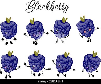 set Cute and funny character in comic style blackberry wildly smiling, cartoon vector illustration, isolated Blackberry, character from blackberry Stock Vector
