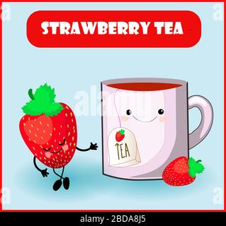 Strawberry Tea logo for the product. Kawaii cute characters. Cup and red berry with a face and a smile.. Stock Vector
