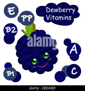 Cute cartoon fruit character. Vitamins in the berries. Black raspberries. Children's illustration.. Stock Vector