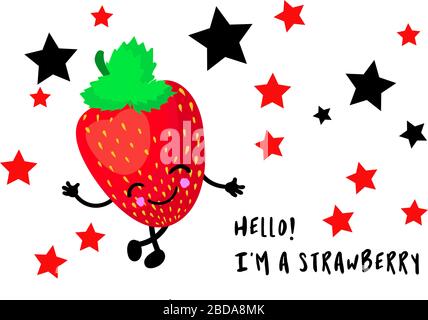 Vector Illustration Flat Strawberry Cute Character expression emotion collection set isolated on white background , minimal style , Raw materials Stock Vector