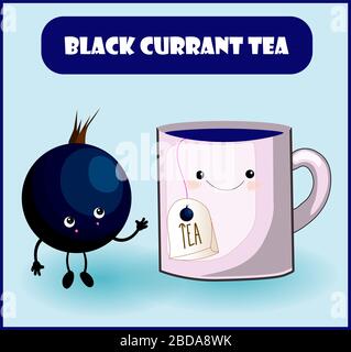 blackcurrant tea. Cup character, mooseberry cheerful berry with face, eyes and smile. Healthy food. Vitamins and minerals autumn. Stock Vector