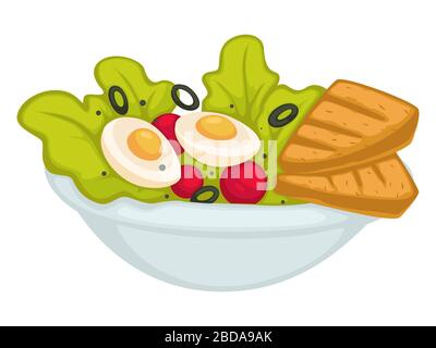 Bowl with salad and olive, eggs and toast Stock Vector
