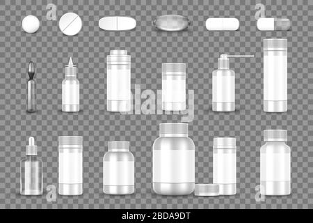 White blank Bottle packaging and pills, capsules isolated on transparent background. Pharmaceutical medical container and tablets mockup. Vector Stock Vector