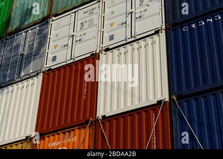 indian ocean, international waters - december 31, 2014: view onto containers stowed on deck of the container vessel cma cgm vela  (imo no  9354923) Stock Photo