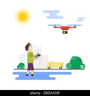 Flat boy playing with flying drone in the park Stock Vector
