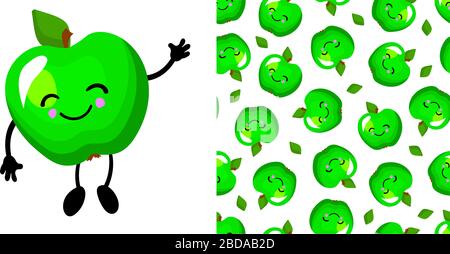 Green apple character. Cute funny apple. Fruit seamless vector pattern. Bright colors.. Stock Vector