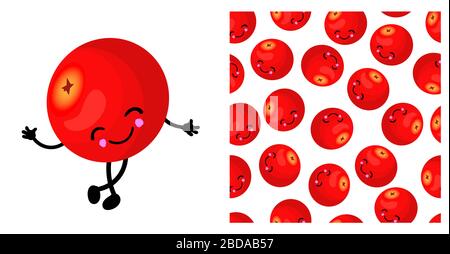 CRANBERRY character. Cute funny yellow berry. Berry seamless vector pattern. Bright colors.. Stock Vector