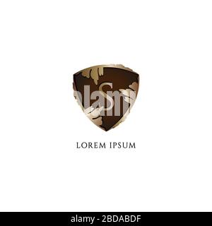 Letter S alphabet logo design template. Luxury Decorative metallic gold shield sign illustration. Protection, Guard, Security. Initial abjad logo Stock Vector