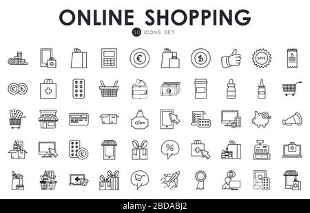 50 line style icon set design of Shopping online medical care ecommerce market retail buy paying banking and consumerism theme Vector illustration Stock Vector