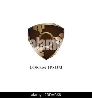 Letter Q alphabet logo design template isolated on white background. Luxury Decorative metallic gold shield sign illustration. Initial abjad logo Stock Vector