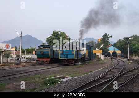 The 'X' Class steam rack locomotives, manufactured by the Swiss Locomotive and Machine Works, resting at Mettupalayam railway station yard, Tamil Nadu Stock Photo