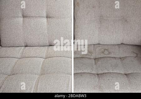 clean and dirty sofa before and after, Cleaning service clean sofa with professional equipment. Stock Photo