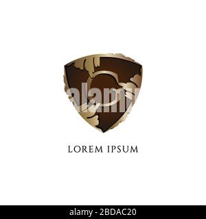 Letter G alphabet logo design template. Luxury Decorative metallic gold shield sign illustration. Protection, Guard, Security. Initial abjad logo Stock Vector