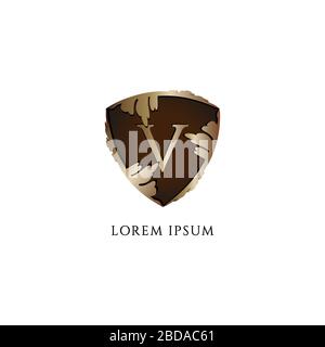 Luxury Decorative metallic gold shield sign illustration. Letter V alphabet logo design template. Initial abjad logo concept. Protection, Guard Stock Vector