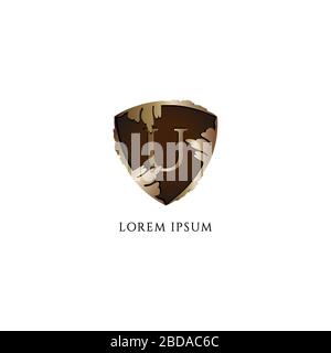 Letter U alphabet logo design template. Initial abjad logo concept. Luxury Decorative metallic gold shield sign illustration. Protection, Guard Stock Vector