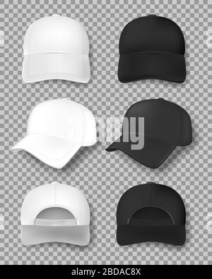 Realistic Baseball cap mockup isolated on transparent background. White and black textile cap front, back and side view. Uniform hat template. Vector Stock Vector